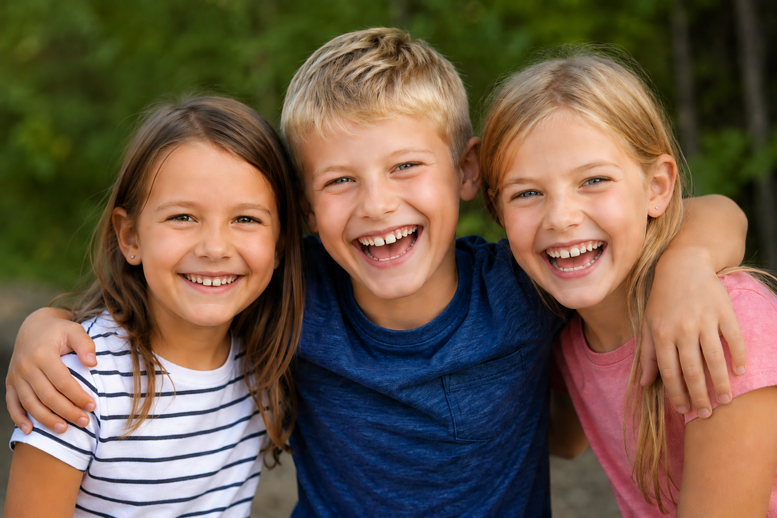 Kinder im Grundschulalter, die sich im Arm liegen und lachen