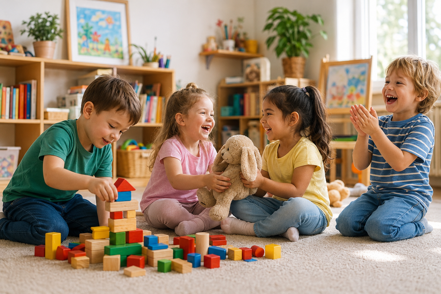 Kindergartenkinder spielen gemeinsam und haben Spaß dabei